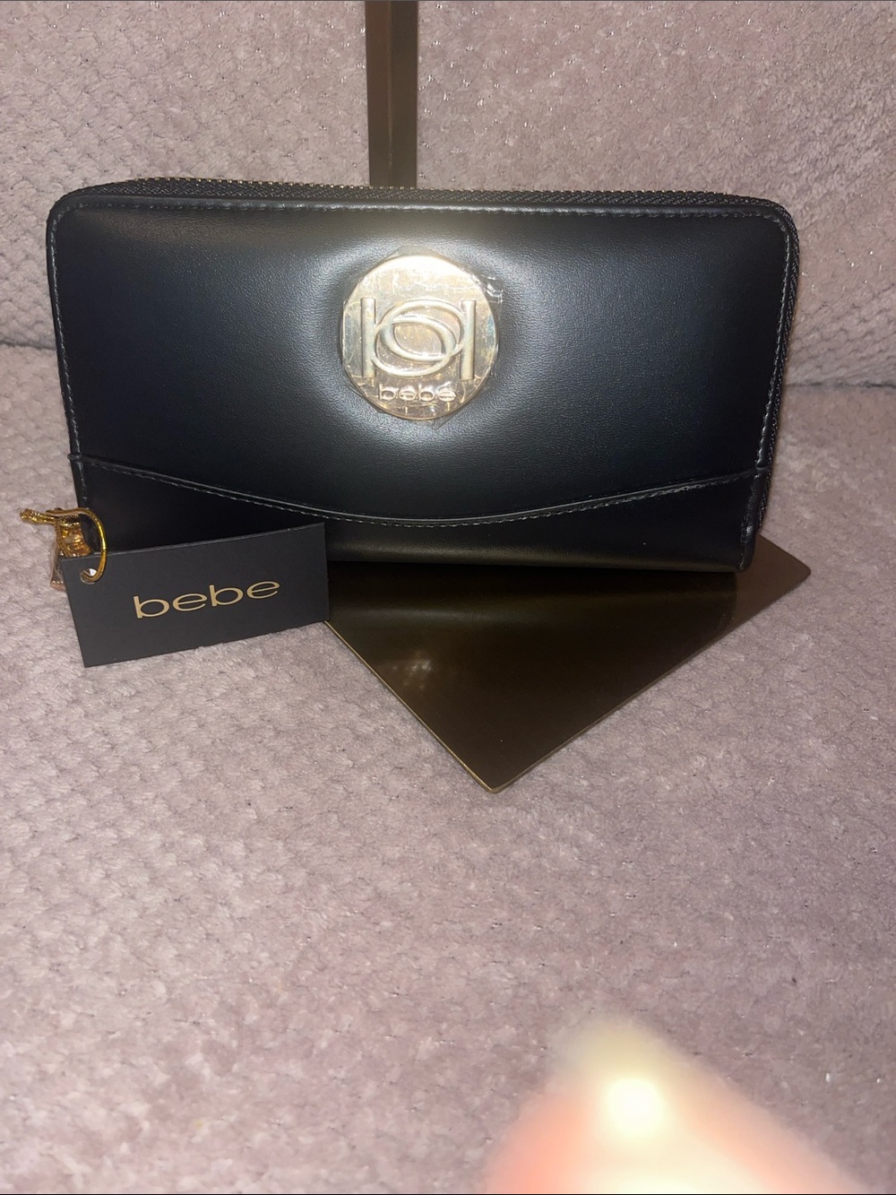 bebe Black Wallet with Gold Medallion Accent